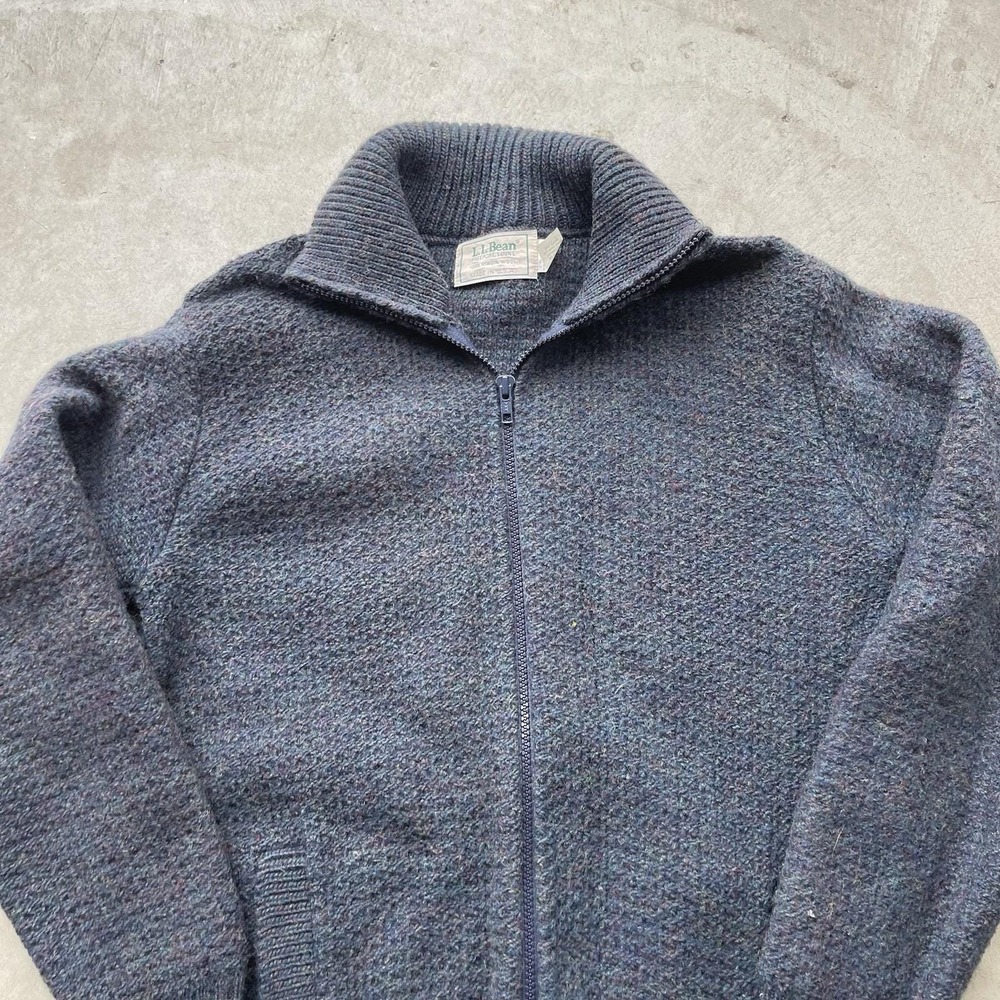 Vintage 80s L.L. Speckled Gray Wool Fisherman Zip Cardigan Sweater Coastal L - Picture 2 of 7